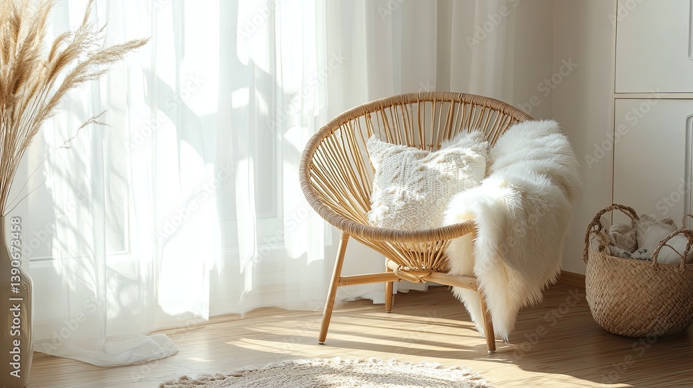 A light-filled Scandinavian hygge-inspired nook focusing on layers of design: a rattan chair