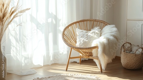 Obraz na płótnie A light-filled Scandinavian hygge-inspired nook focusing on layers of design: a rattan chair w salonie