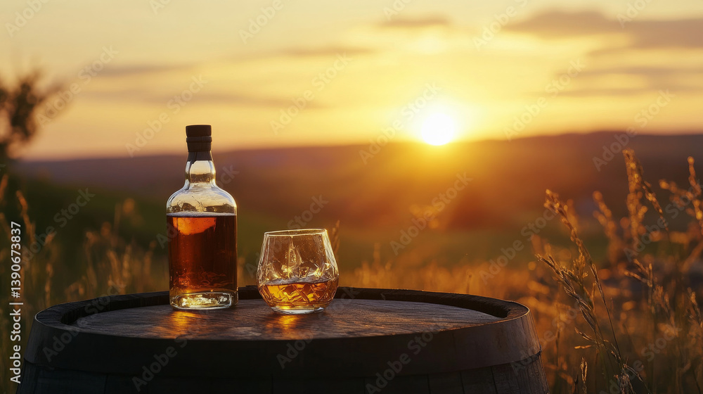 A scenic sunset enhances the mood as a whiskey bottle and glass rest on a wooden cask A scenic sunset enhances the mood as a whiskey bottle and glass rest on a wooden cask