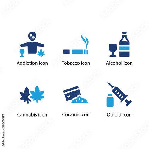 Addiction, Tobacco, Alcohol, Cannabis, Cocaine, Opioid, Blue Icon Set
