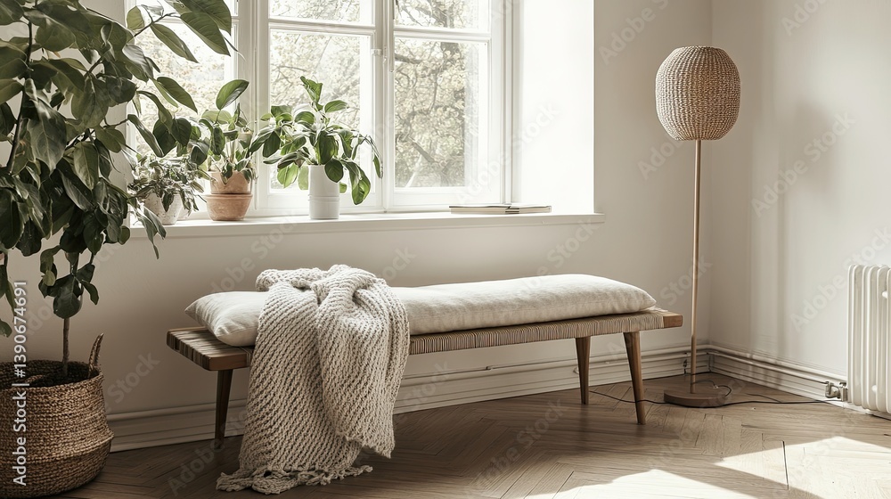 A minimalist hygge living room with clean white walls