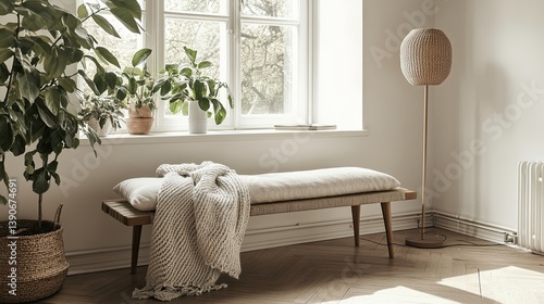 Obraz na płótnie A minimalist hygge living room with clean white walls w salonie