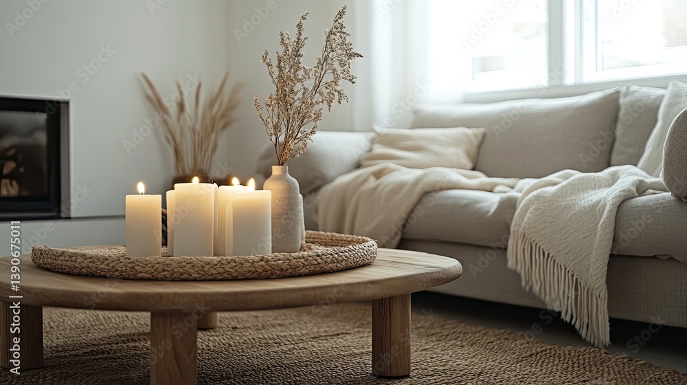 A minimalist hygge living room with clean-lined wooden furniture