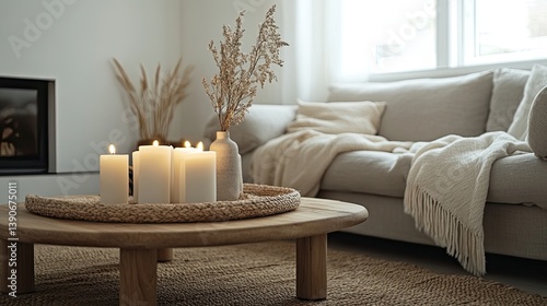 Obraz na płótnie A minimalist hygge living room with clean-lined wooden furniture w salonie