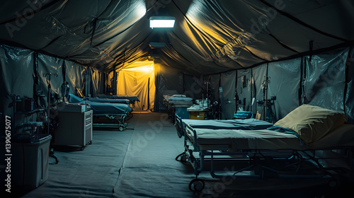 A makeshift hospital tent interior, equipped with beds and medical equipment, showcasing the stark reality of emergency medical facilities.
