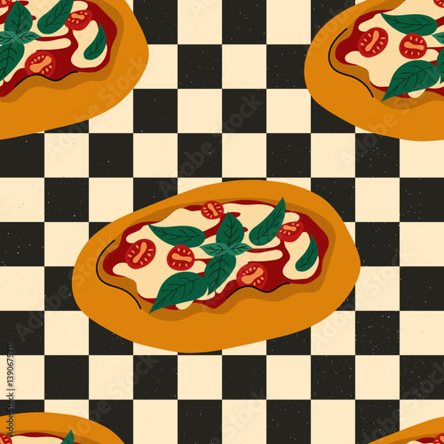 Vintage pizza background. Seamless pattern with Italian pizza on black and white chequered background. Vector food pattern.