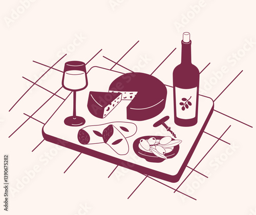 Hand drawn illustration of wine with cheese, olives and baguette on cutting board. Picnic with wine and traditional snacks. Minimalist outline vector illustration