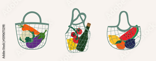 Vector illustration of shopping net bags with vegetables, fruits and wine. Mesh bags with grocery in modern style. Various string bags with food from supermarket