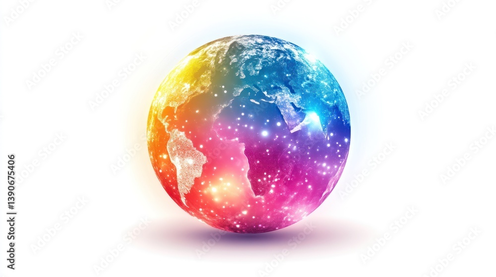 Vibrant Rainbow Earth Globe with Cosmic Stars and Illuminated Continents for Global Unity and D Vibrant Rainbow Earth Globe with Cosmic Stars and Illuminated Continents for Global Unity and D
