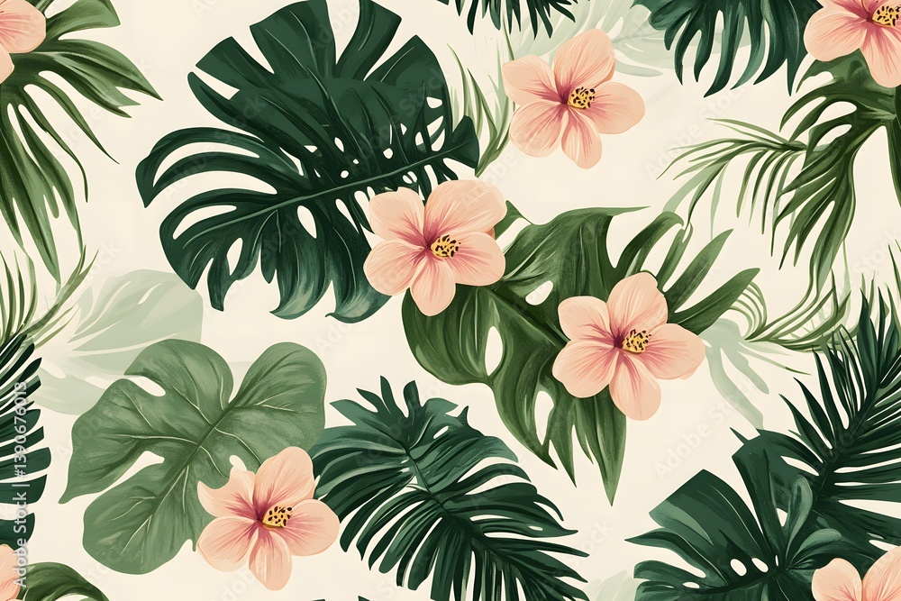 Soft Green and Pink Flora: Simple Tropical Leaves and Flowers in a Seamless Pattern on a Light Background. Soft Green and Pink Flora: Simple Tropical Leaves and Flowers in a Seamless Pattern on a Light Background.