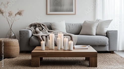 A minimalist hygge living room with clean-lined wooden furniture