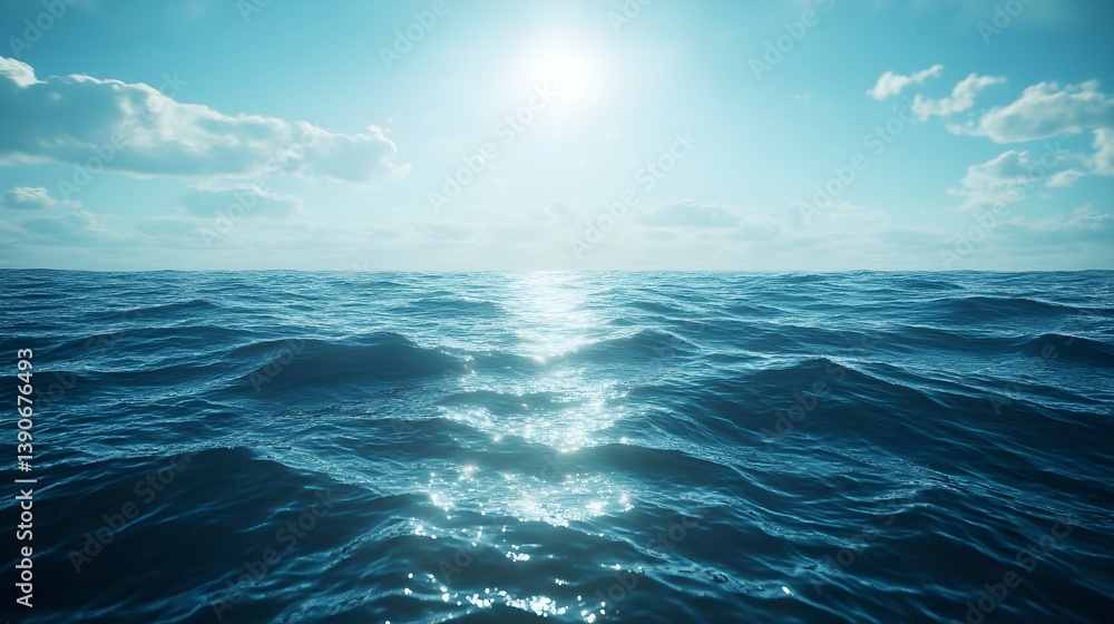 A cinematic medium shot of the ocean during midday, with deep blue water meeting a crisp, bright sky. Sunlight reflects off the gentle waves, forming a stunning contrast between sea and sky. A cinematic medium shot of the ocean during midday, with deep blue water meeting a crisp, bright sky. Sunlight reflects off the gentle waves, forming a stunning contrast between sea and sky.