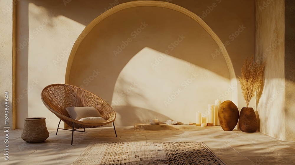 A minimalist hygge setup with an arched beige wall