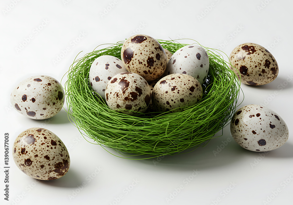 Spotted quail eggs nestled in a vibrant green nest on a white background. Spotted quail eggs nestled in a vibrant green nest on a white background.