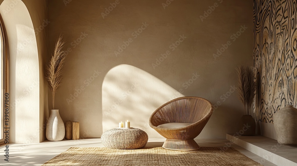 A minimalist hygge setup with an arched beige wall