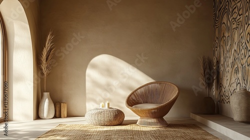Obraz na płótnie A minimalist hygge setup with an arched beige wall w salonie