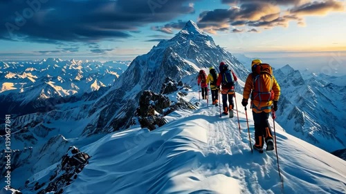 Group of people are hiking up a mountain
