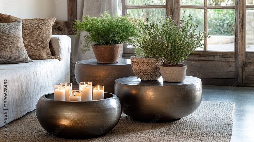 A modern hygge-inspired space featuring slim metallic coffee tables