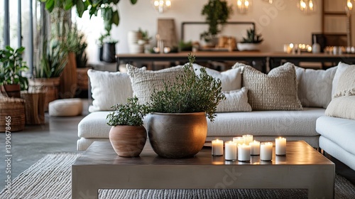 A modern hygge-inspired space featuring slim metallic coffee tables