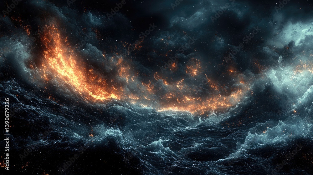Dramatic ocean scene with fiery waves under a stormy sky, evoking a sense of turmoil and beauty Dramatic ocean scene with fiery waves under a stormy sky, evoking a sense of turmoil and beauty