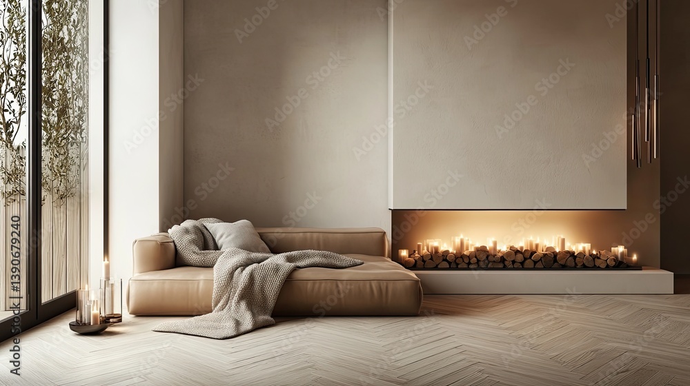 A modern hygge room featuring a minimalist beige leather couch