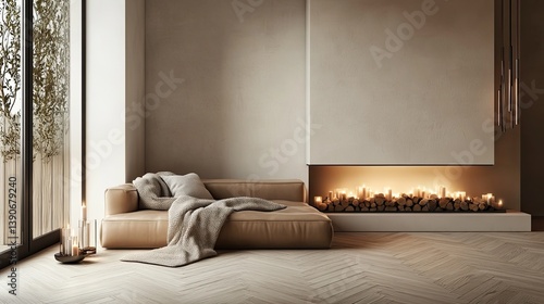 Obraz na płótnie A modern hygge room featuring a minimalist beige leather couch w salonie