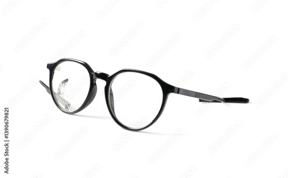 Eyeglasses with one broken lens isolated on white Eyeglasses with one broken lens isolated on white