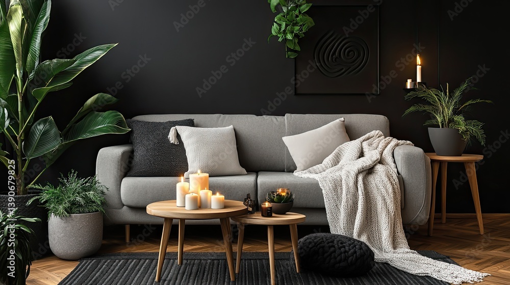 A modern hygge space in monochromatic tones with a black accent wall