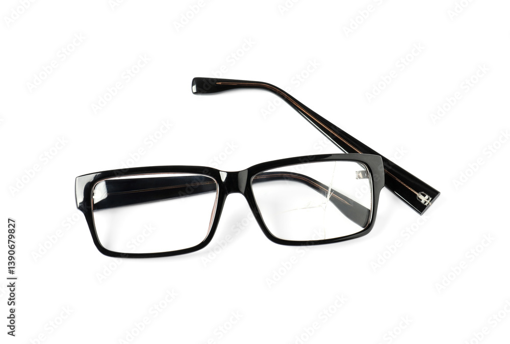 Broken eyeglasses isolated on white, top view Broken eyeglasses isolated on white, top view