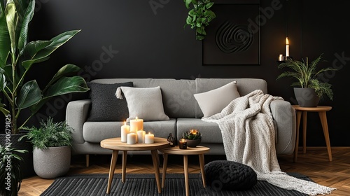 Obraz na płótnie A modern hygge space in monochromatic tones with a black accent wall w salonie