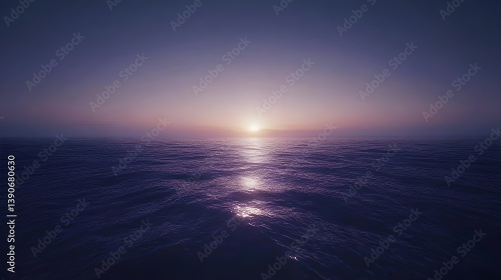 Fototapeta premium A cinematic medium shot of the ocean at twilight. The sky is a deep indigo, with the last remnants of daylight fading. 