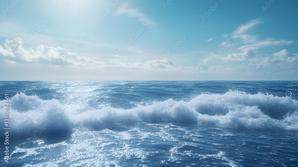 Obraz premium A cinematic view of the ocean with waves gently crashing against the shore. The sky is a brilliant blue with a few streaks of white clouds, and the water sparkles under the midday sun.