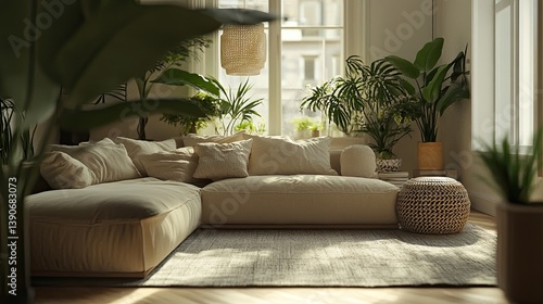 A neutral-toned hygge space with a modern beige sectional
