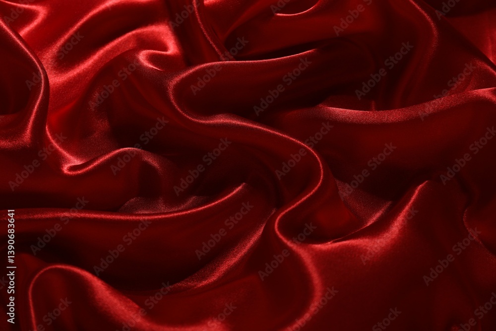 Fototapeta premium Red crumpled silk fabric as background, top view
