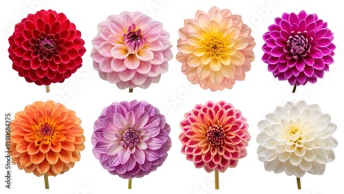 A vibrant collection of five beautiful dahlia flowers, including one bud, isolated on a crisp white background.