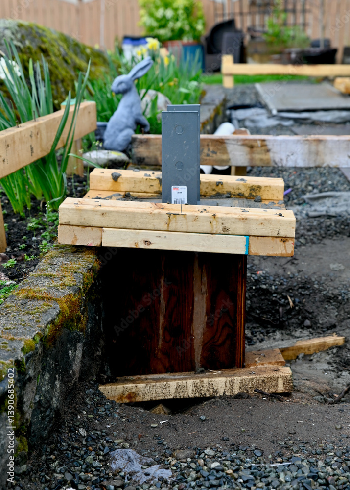 Cemented post holes drying in wood and rebar framed molds for structural deck support Cemented post holes drying in wood and rebar framed molds for structural deck support