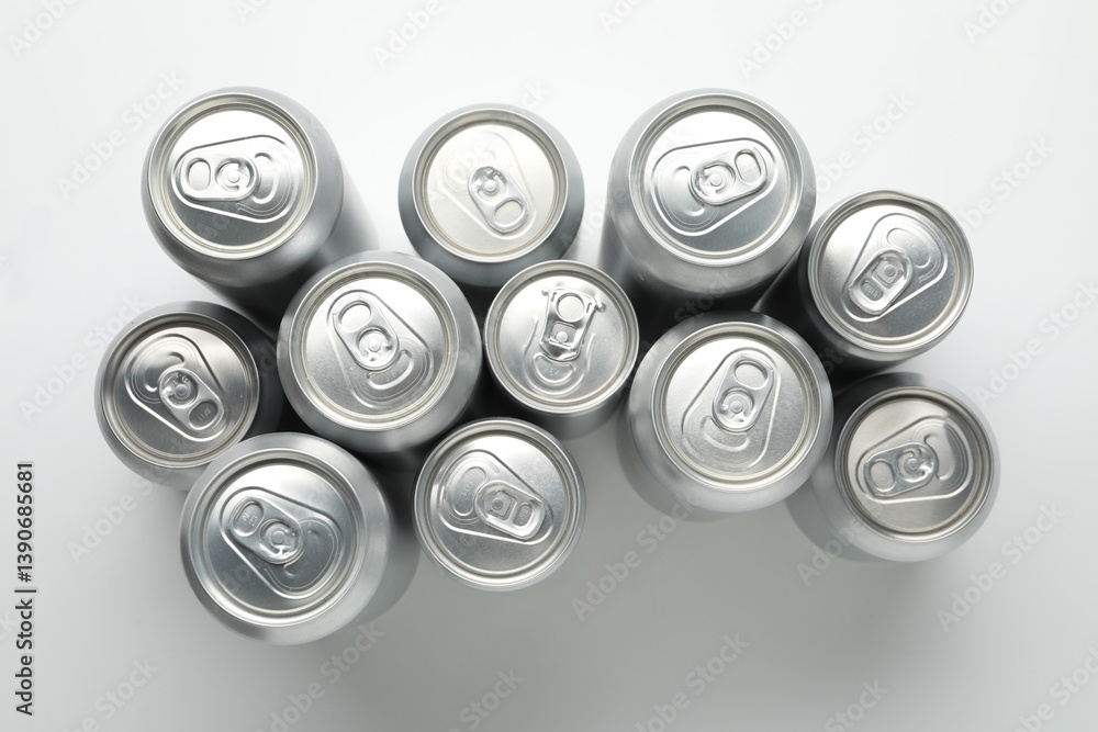 Many different tin cans on light background, top view Many different tin cans on light background, top view