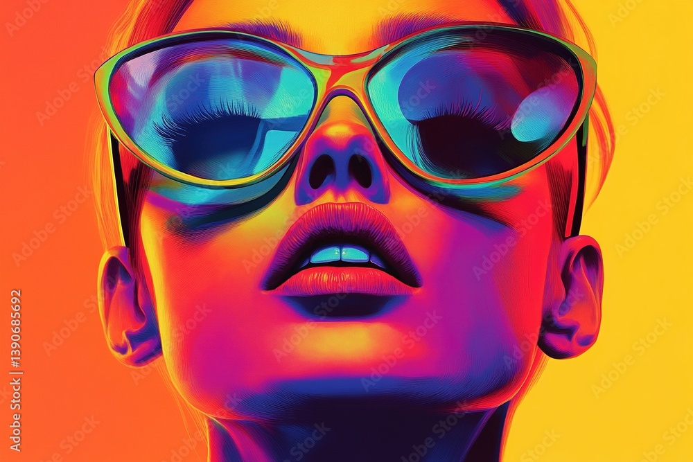 A futuristic portrait displayed in vibrant and bold colors featuring stylish sunglasses A futuristic portrait displayed in vibrant and bold colors featuring stylish sunglasses