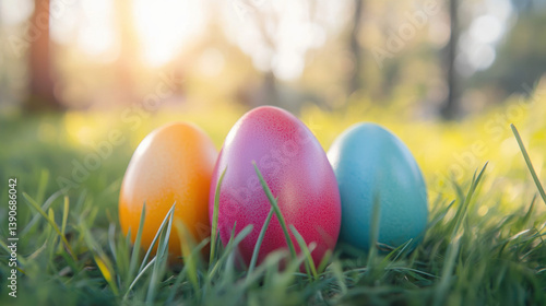 Three colorful Easter eggs rest led in vibrant green sp grass bathed in warm sunlight creating a cheerful festive scene perfect for sptime celebrations.