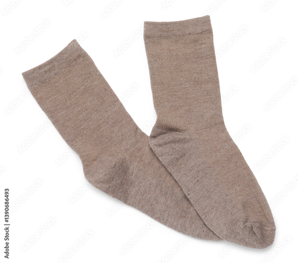 Pair of brown socks isolated on white, top view Pair of brown socks isolated on white, top view