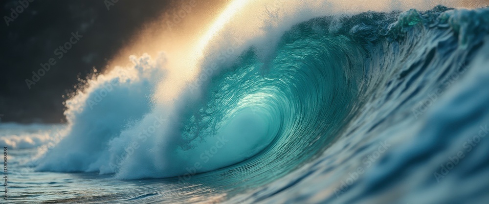 A Majestic Barrel Wave Rolls Towards the Shoreline, Illuminated by the Golden Glow of the Setting Sun