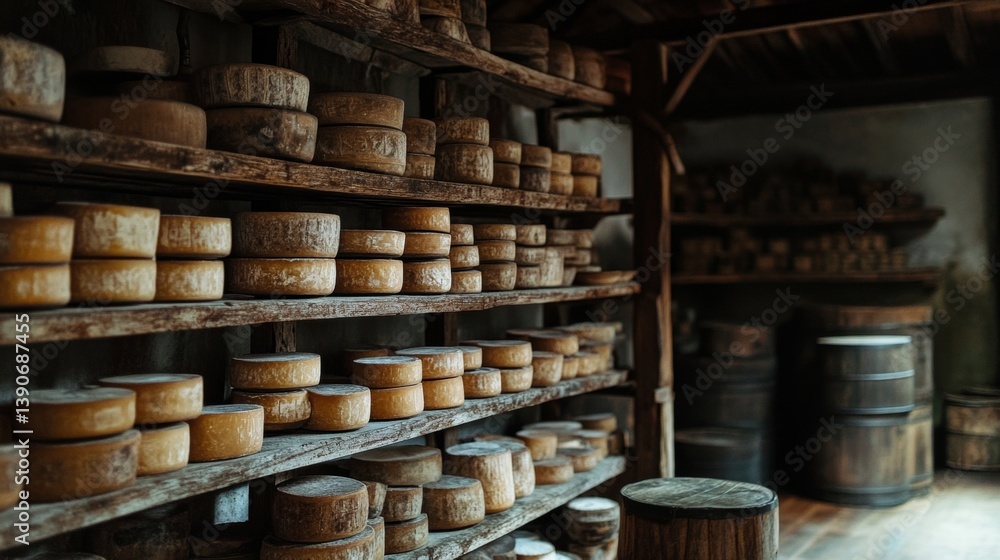 Rustic cheese cellar filled with abundant stacks of aged cheese wheels on wooden shelves Rustic cheese cellar filled with abundant stacks of aged cheese wheels on wooden shelves