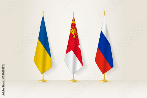Diplomatic Meeting Representation, Ukraine, Sark and Russia Flags. Flags on Diplomatic Stands.