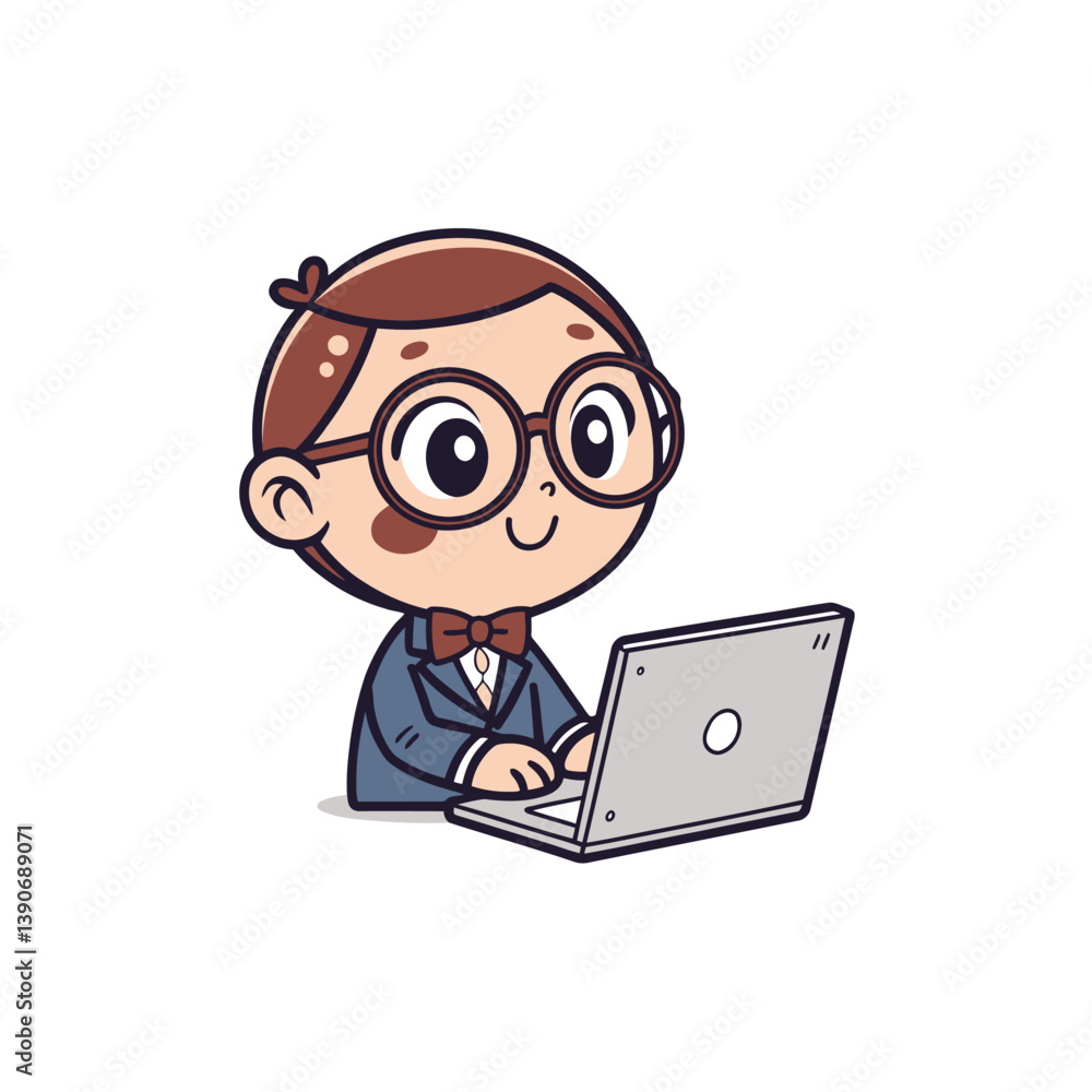 Cartoon Boy with Glasses Using Laptop Cartoon Boy with Glasses Using Laptop