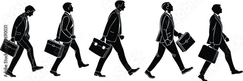 Silhouette of businessmen walking in a row with briefcases, isolated
