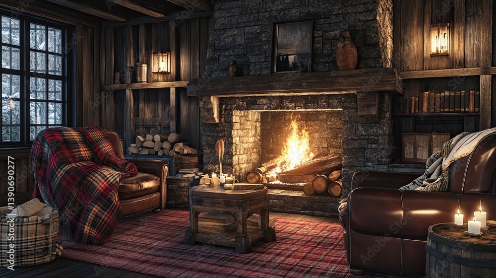 A rustic hygge space featuring a large fireplace surrounded by weathered wooden furniture