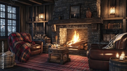 Obraz na płótnie A rustic hygge space featuring a large fireplace surrounded by weathered wooden furniture w salonie