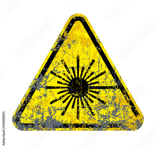 laser beam radiation hazard warning danger sign in yellow triangle distressed old scratched symbol vector isolated on transparent background