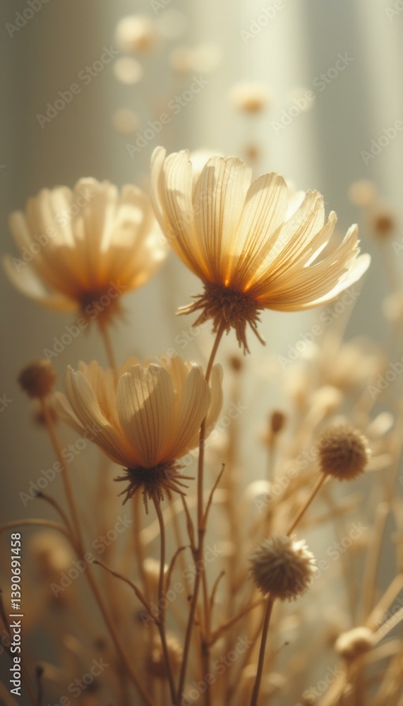 Obraz premium Ethereal Still Life: Close-Up of Dried Cream Cosmos Flowers in Soft, Dreamy Light with Gentle Bokeh