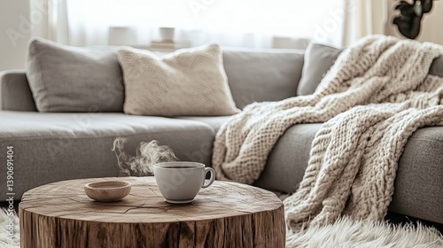 A Scandinavian-inspired hygge living room bathed in soft natural light